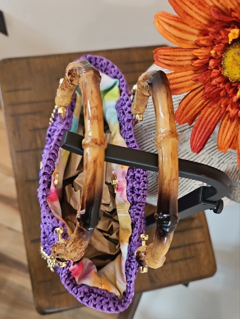 Hand Crocheted Purple Hand Bag with Bamboo Handles - Picture 2 of 4